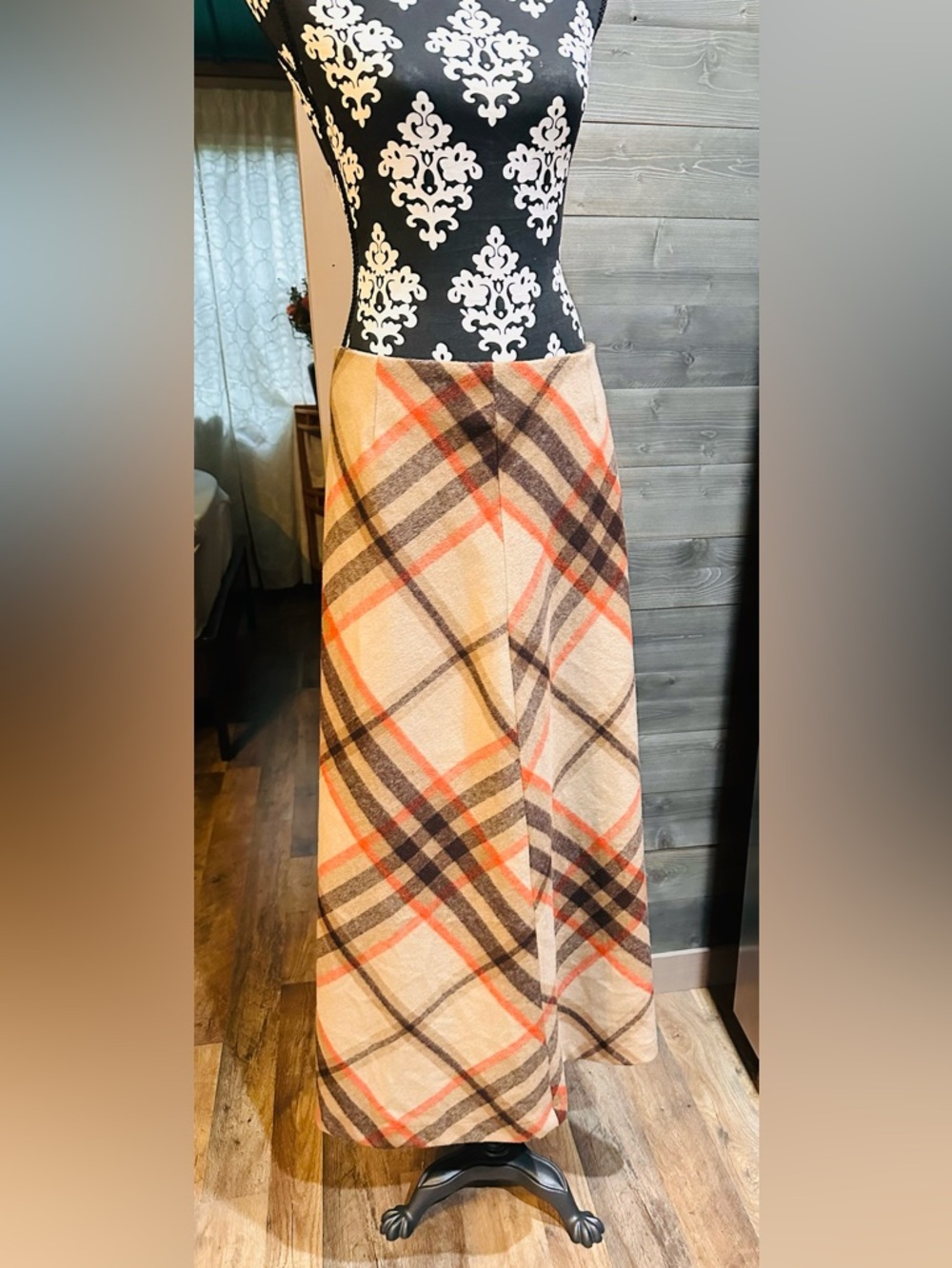 Vintage Chadwicks of Boston Cream Plaid Maxi Skirt with Orange/Brown size 8 T - Picture 2 of 6